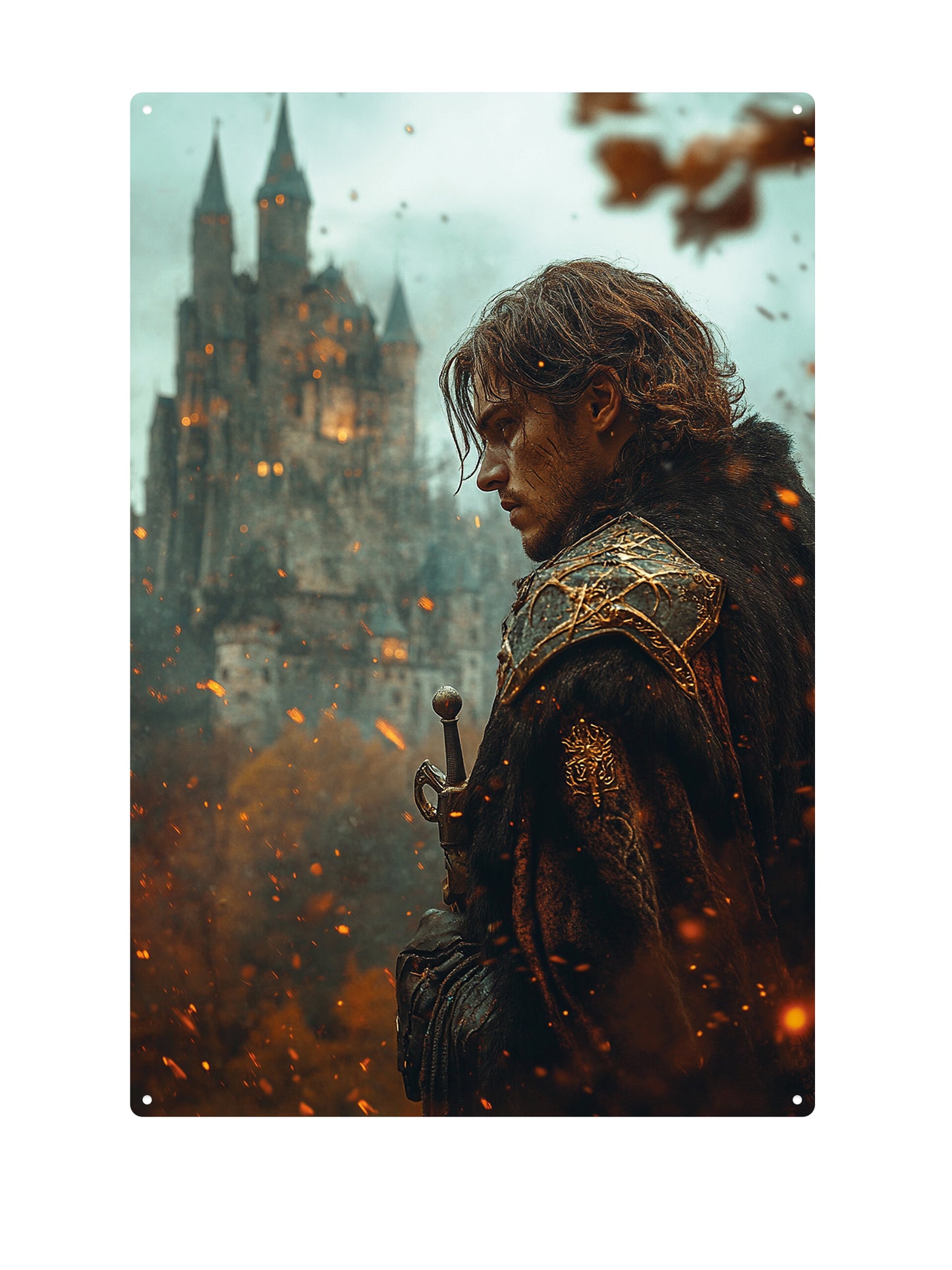 Brave man in front of castle