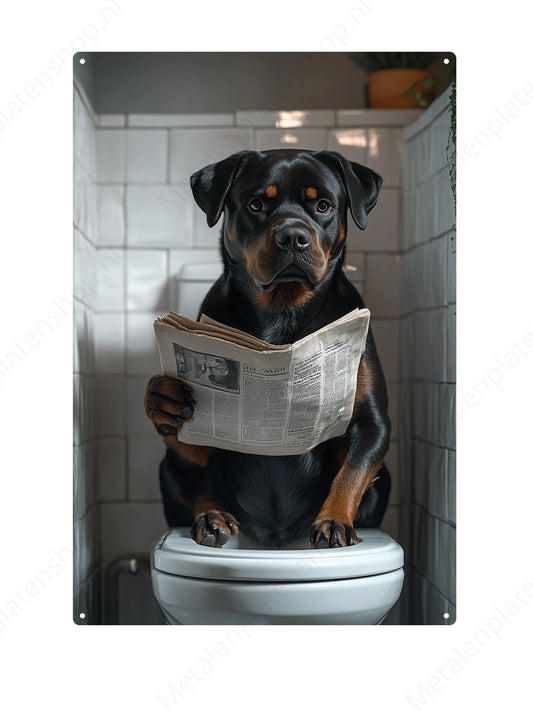 Rottweiler op de WC met een krant