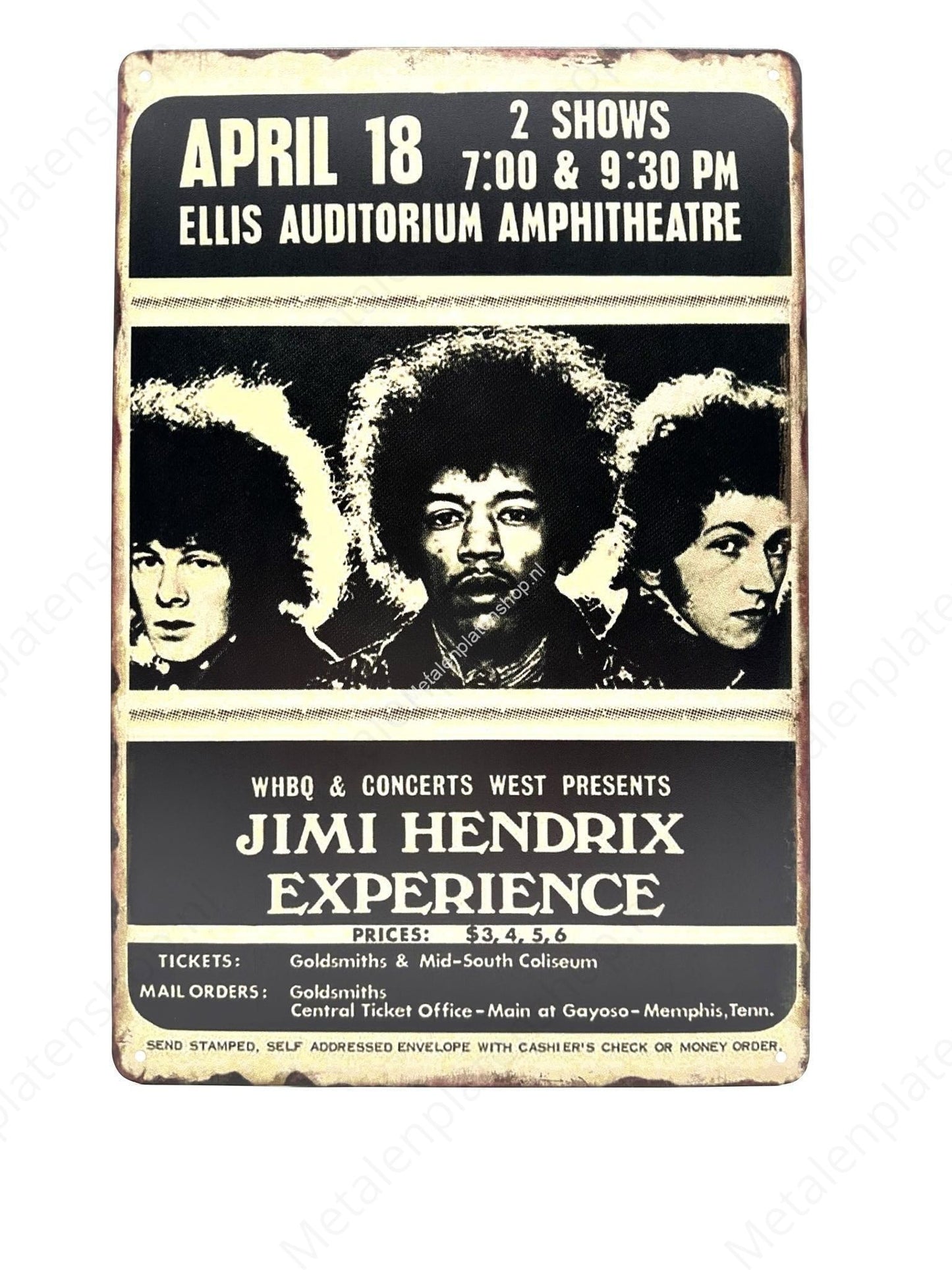Jimi Hendrix - Experience - April 18 - Poster - Metal Wall Sign