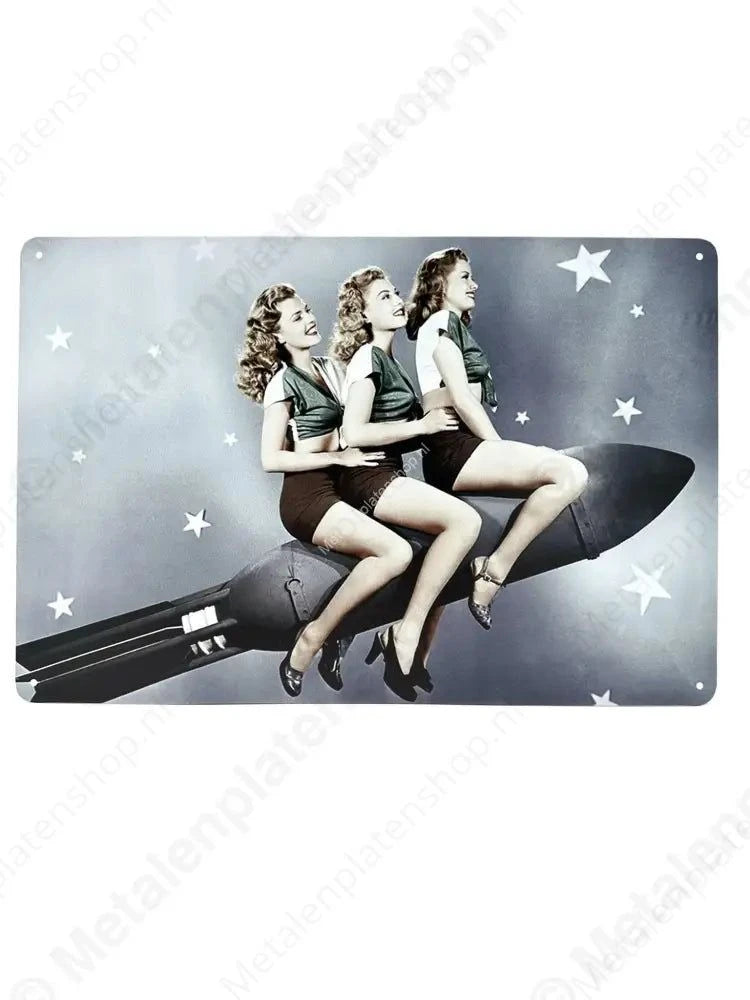 "3 Vrouwen op Raket - Metalen Wandbord Metaalbord"