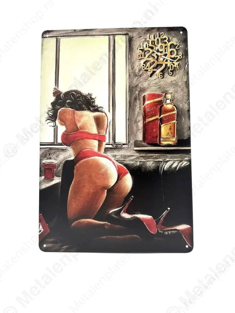 "Vrouw op de bank - Johnnie Walker - Red Label - Metalen Wandbord Metaalbord"