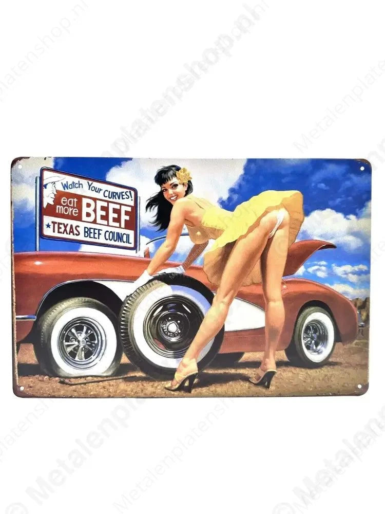 "Watch your Curves - Eat more Beef - Metalen Wandbord Metalen Voertuigen"