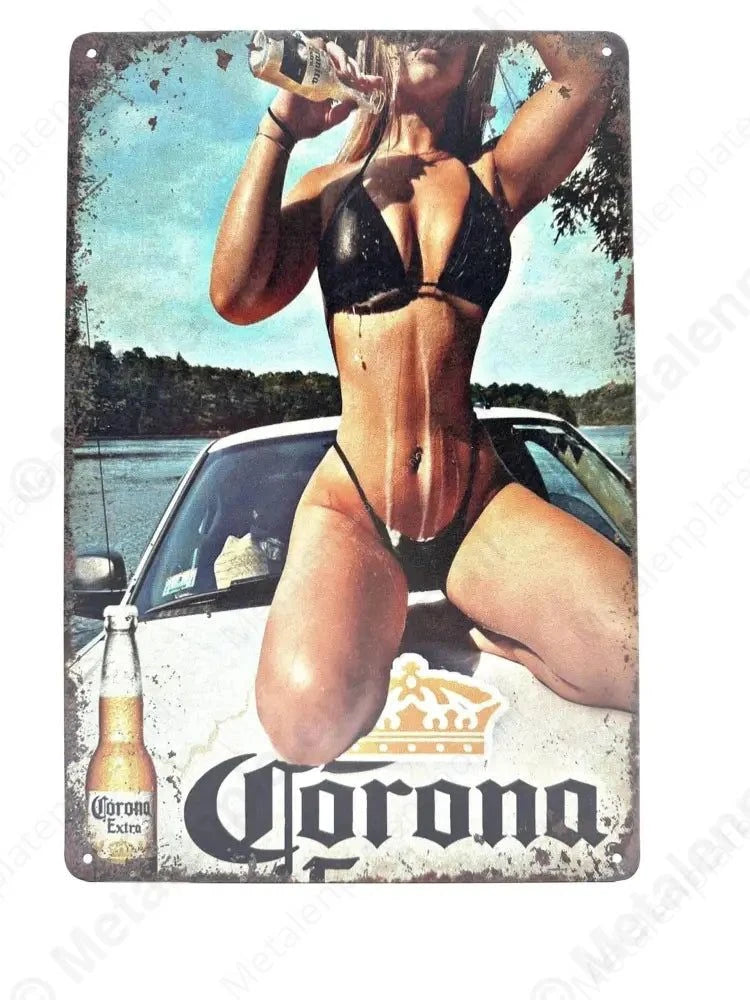 "Corona Extra - Vrouw op auto - Metalen Wandbord Metaalbord"