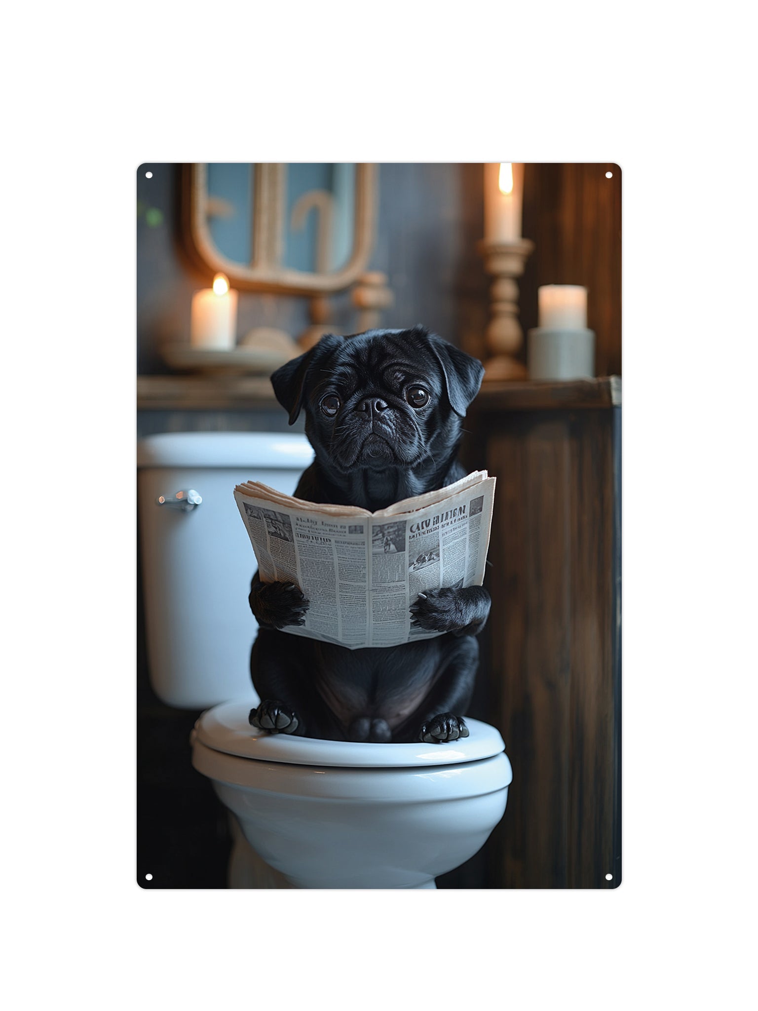 "Mops hond op de WC met een krant"