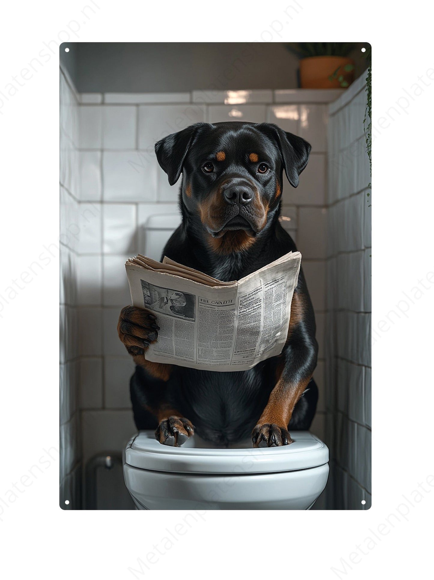 Rottweiler op de WC met een krant