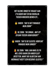 Het kleine jongetje vraagt aan z'n vader wat er nu eigenlijk tussen moeders benen zit