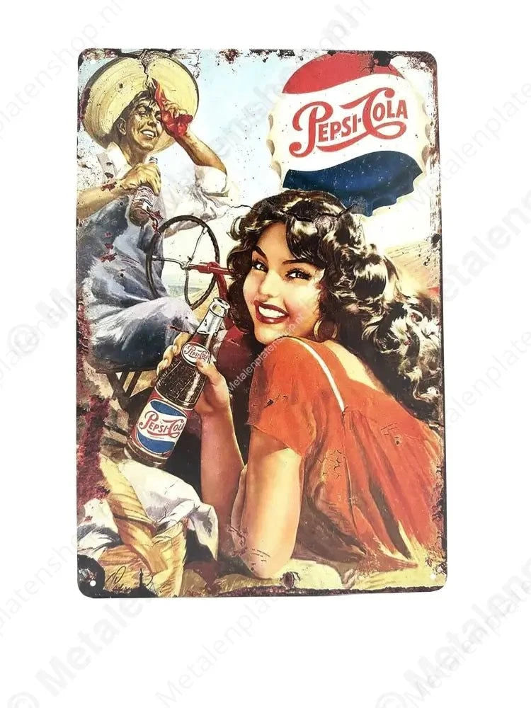 Pepsi Cola met Vrouw - Metalen Wandbord Metaalbord