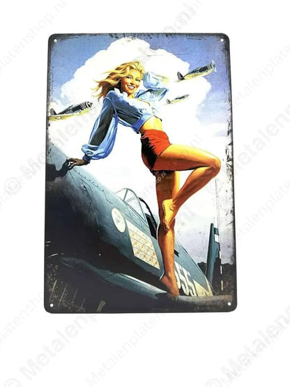 Vliegtuig - Poserende Vrouw met Vliegtuigen - Metalen Wandbord Metaalbord