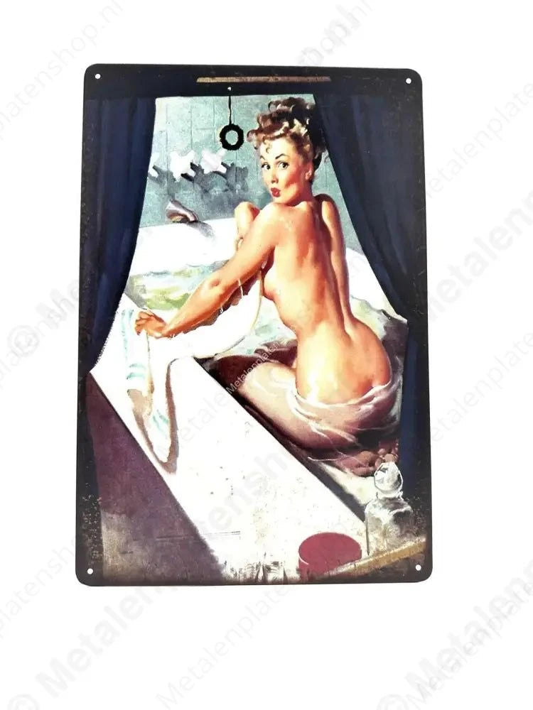 Vrouw in Bad - Metalen Wandbord Metaalbord