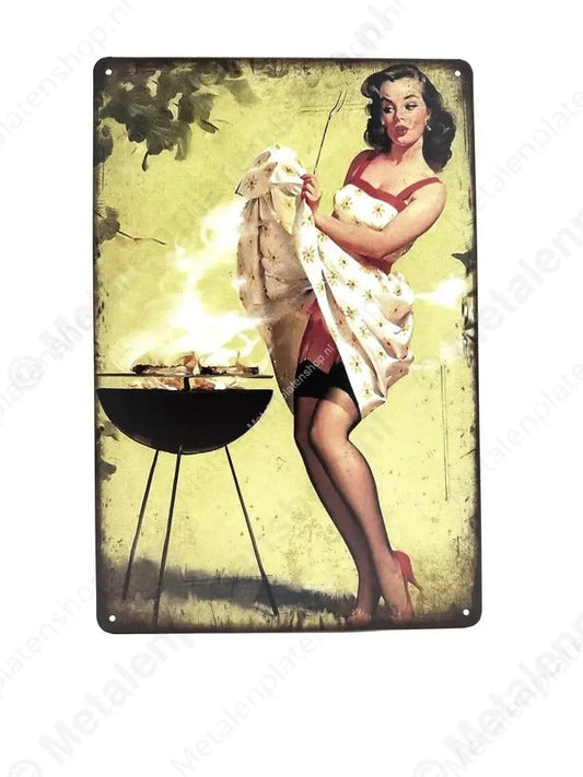 Vrouw met BBQ - Metalen Wandbord Metaalbord
